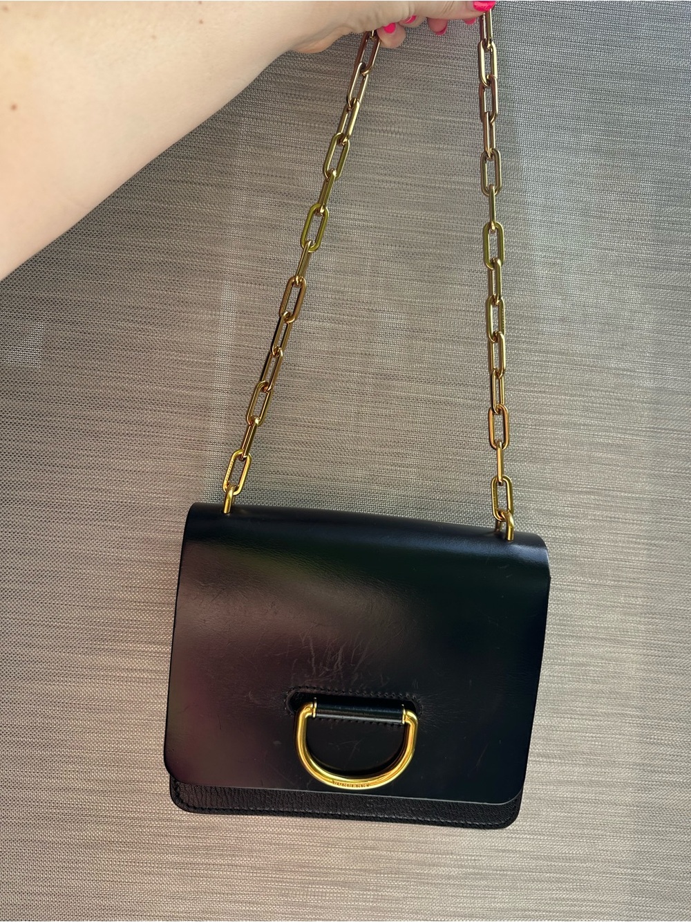Burberry Black Leather Shoulder Bag with Gold Chain and D-Ring Vintage